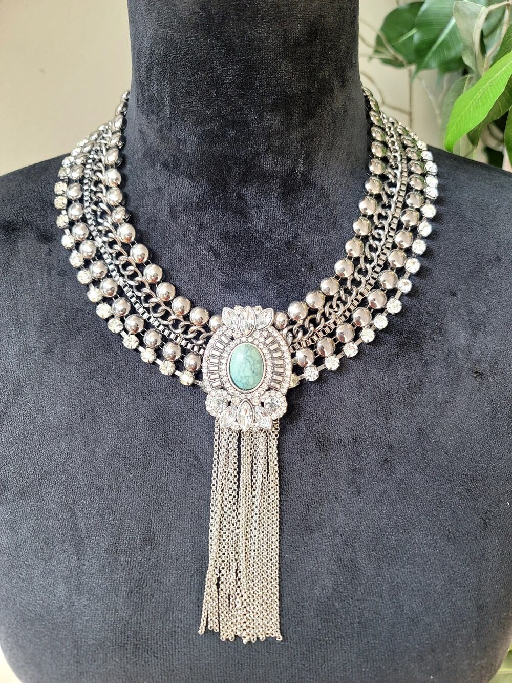 Turquoise Blue Beaded Fringe Statement Necklace Teardrop Dangle Bib Jewelry